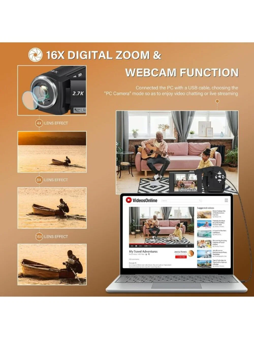 QHD 2.7K Camcorder with 16X Zoom, LED Light, 32GB SD Card & 2 Batteries